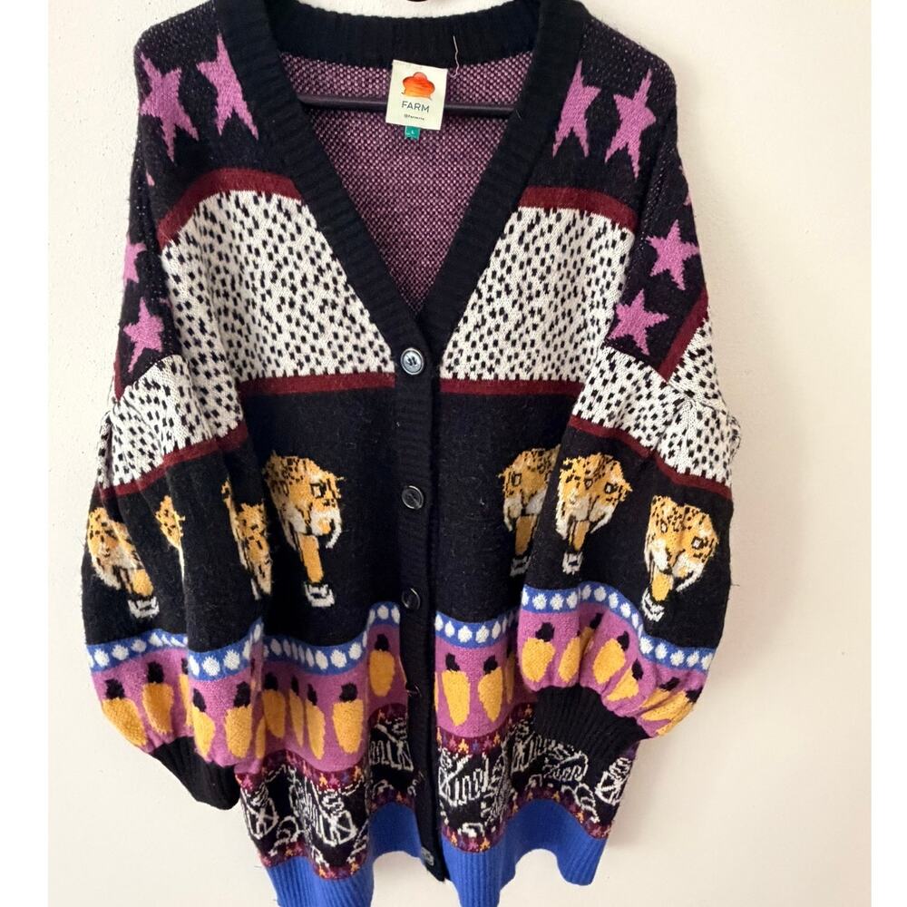 FARM Rio Tiger Banana Oversized Knit Cardigan Sweater Large - Picture 4 of 5